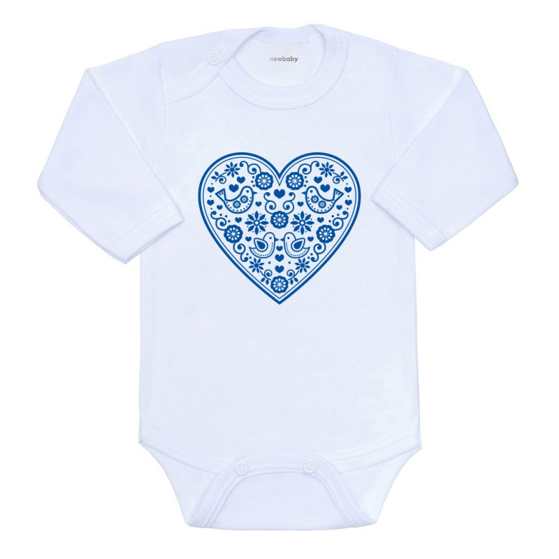 Dětské body s potiskem New Baby Lidový vzor modré srdíčko
